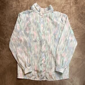 Vintage 80s Multicolor Pastel Satin Blouse High Neck Jaquard Paisley Striped